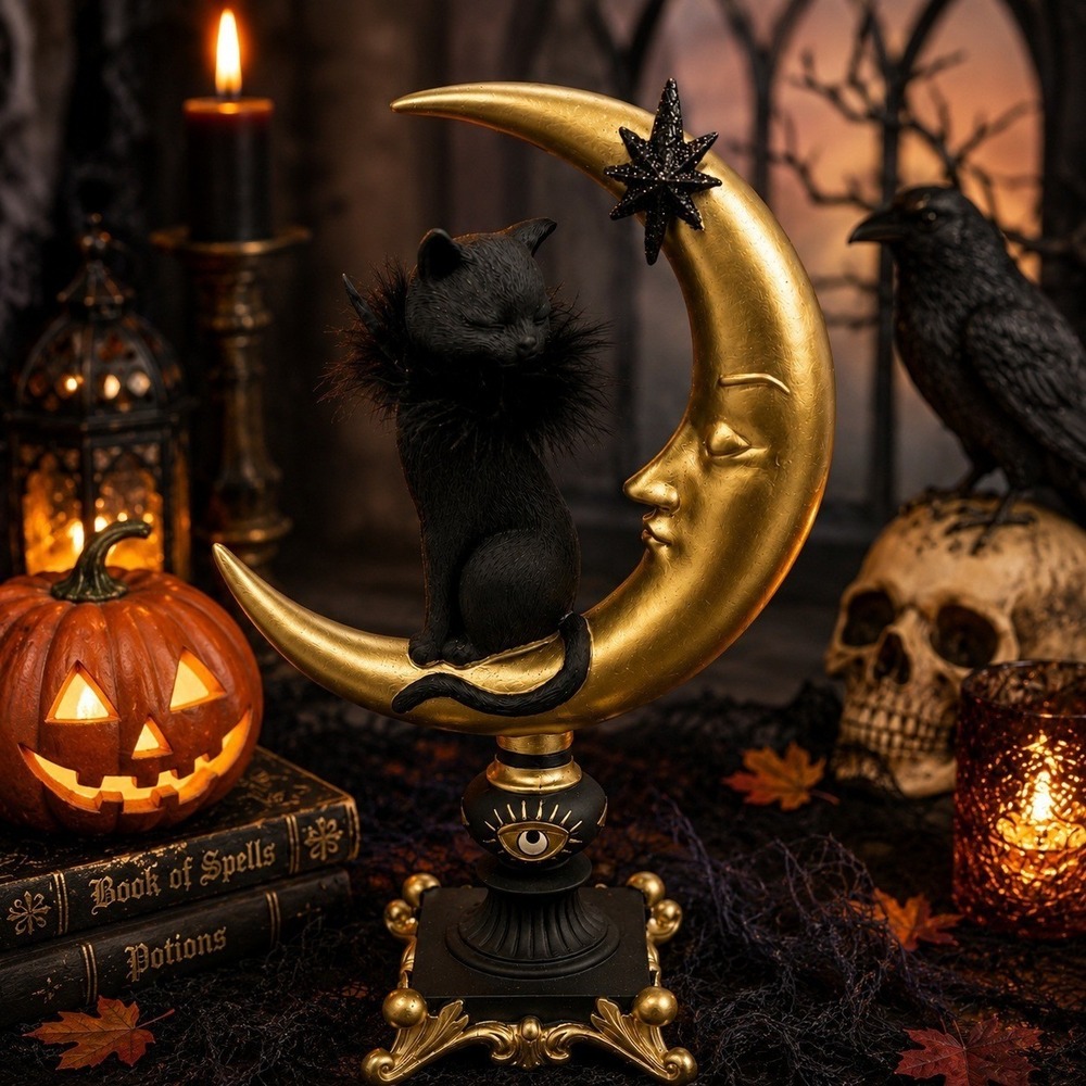 Black Cat Crescent Moon Halloween Figurine Gothic Witchy Gold Spooky Decor